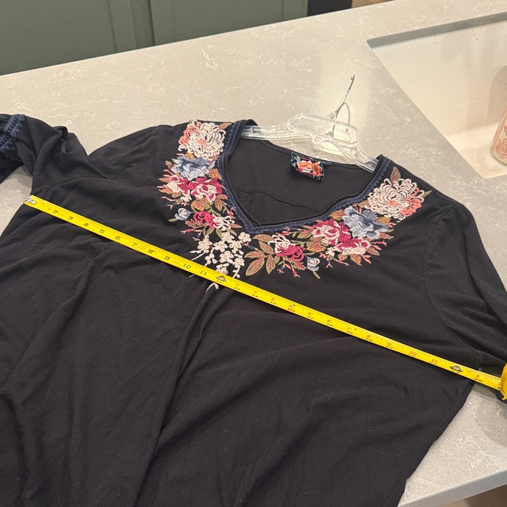 Johnny Was Black V-Neck Blouse with Pink, Blue & Gold Floral Embroidery - Picture 5 of 6